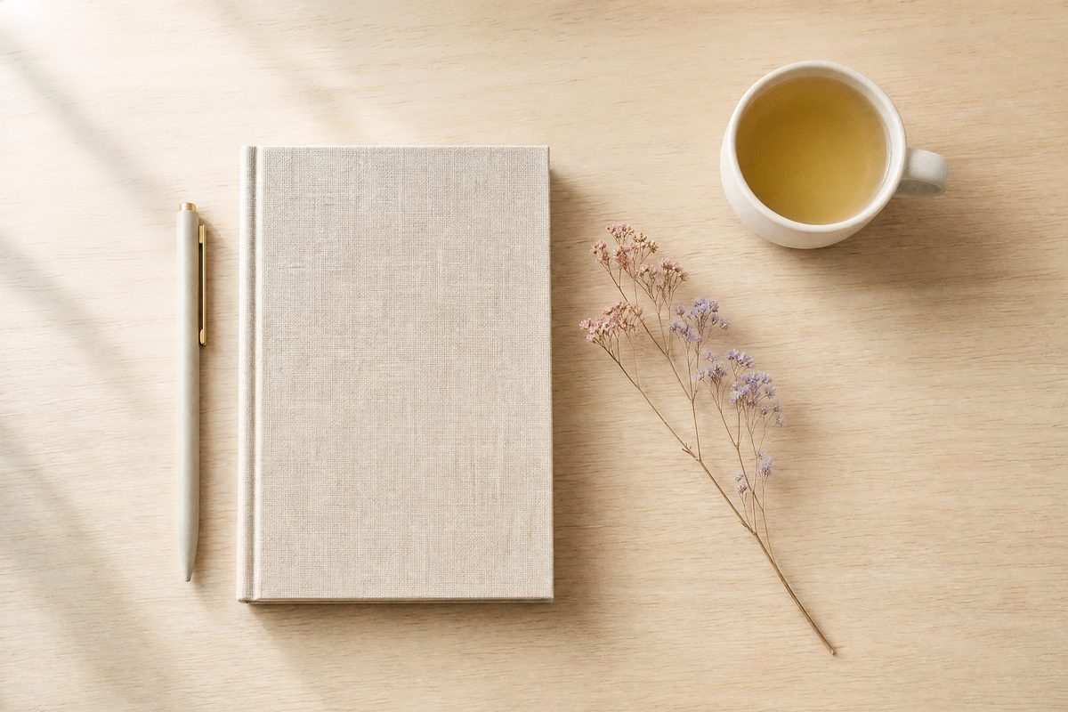 A linen notebook, a pen and a cup of tea with a sprig of dried flowers on a pale table