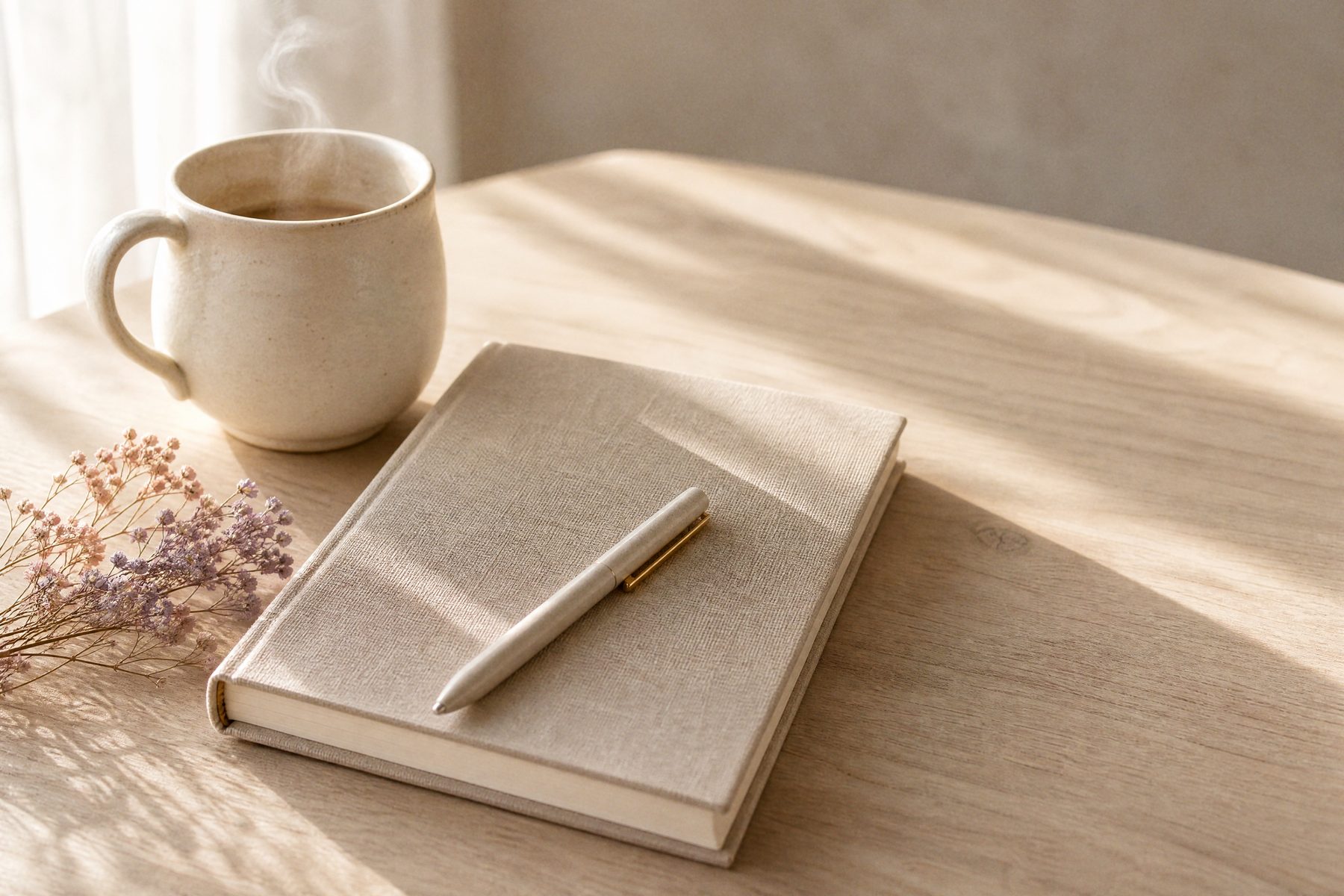 A closed linen notebook with a pen, a ceramic cup and dried flowers on a light wood table in morning light