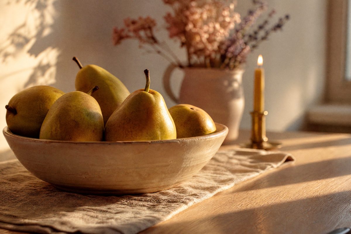 A bowl of ripe pears and a jug of dried flowers with a candle in soft sunlight