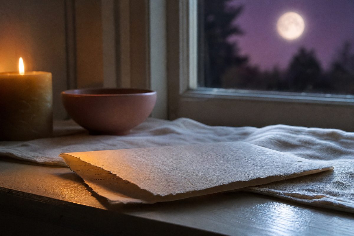 A sheet of handmade paper, a ceramic bowl and a lit candle on a windowsill under a full moon