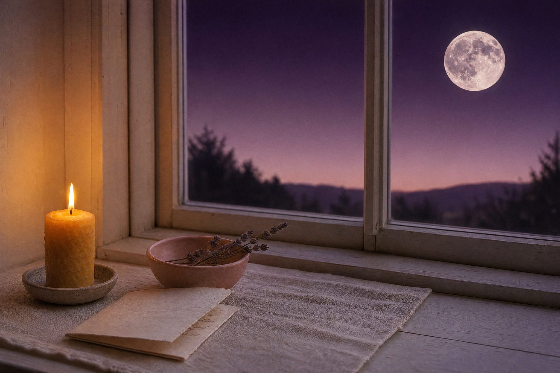 A lit candle, a folded note and a small ceramic bowl on a windowsill, with a full moon in the window
