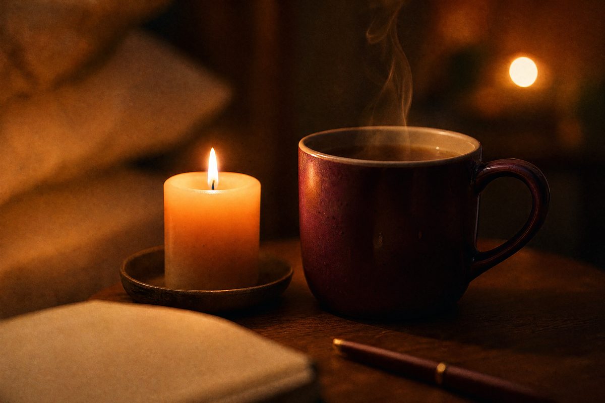 A lit candle and a mug of tea on a bedside table in warm evening light
