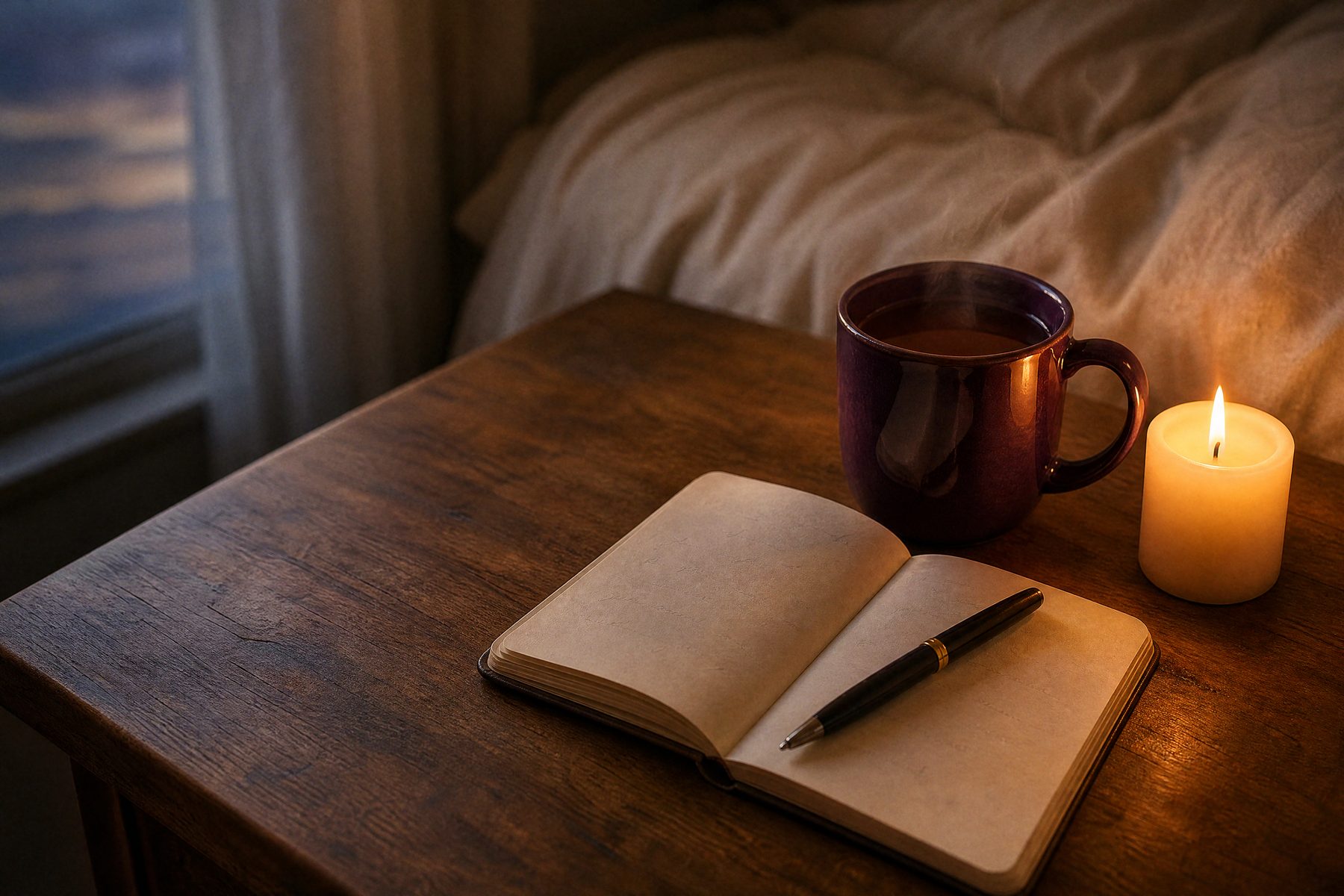 A small notebook, a pen, a mug of tea and a lit candle on a wooden bedside table