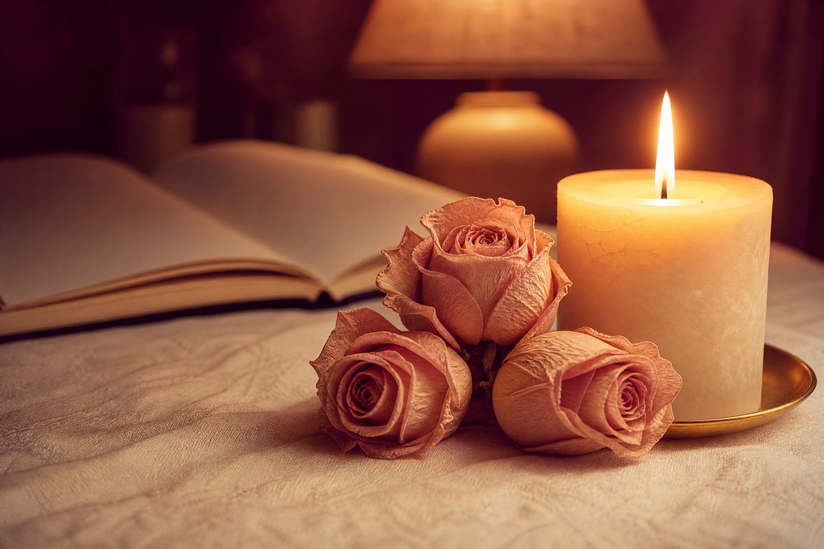 Roses and a lit candle beside an open book in soft lamplight