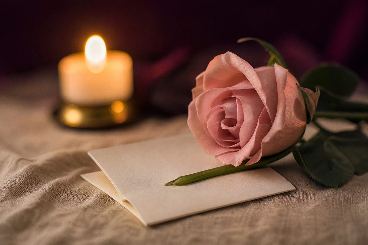 A pink rose beside a candle and a folded note on linen in warm candlelight