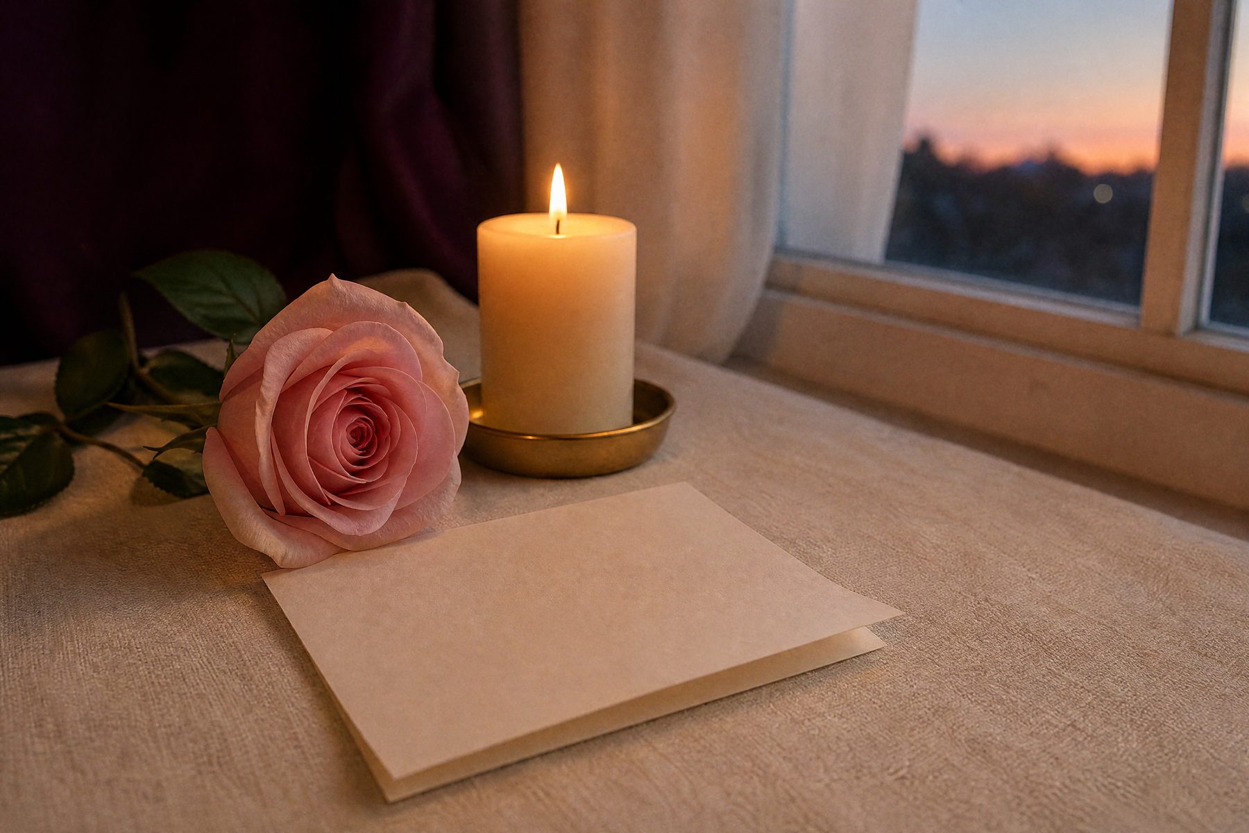 A soft pink rose, a lit candle and a folded note on a linen cloth by a window at dusk