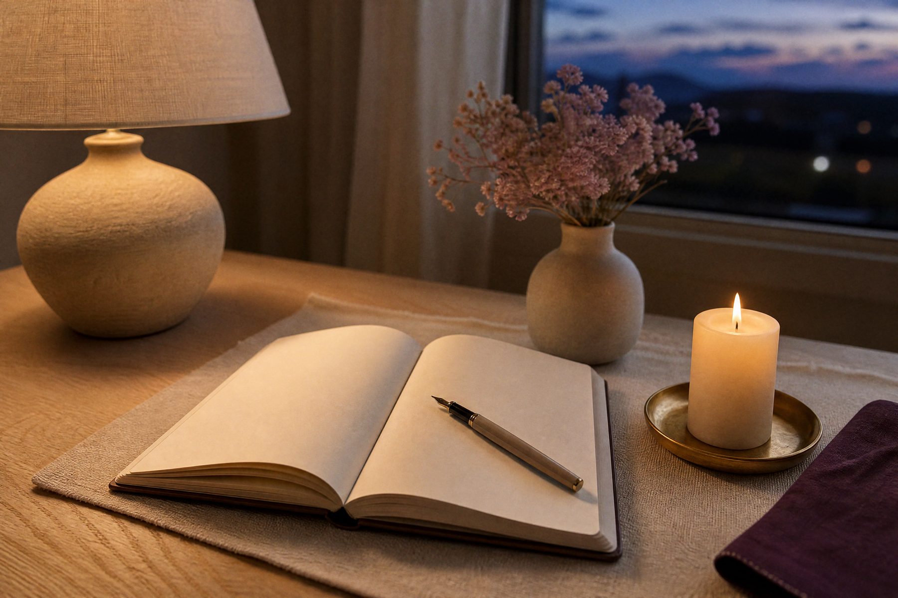 An open journal, a candle, dried flowers and a soft lamp on a cozy desk in the evening