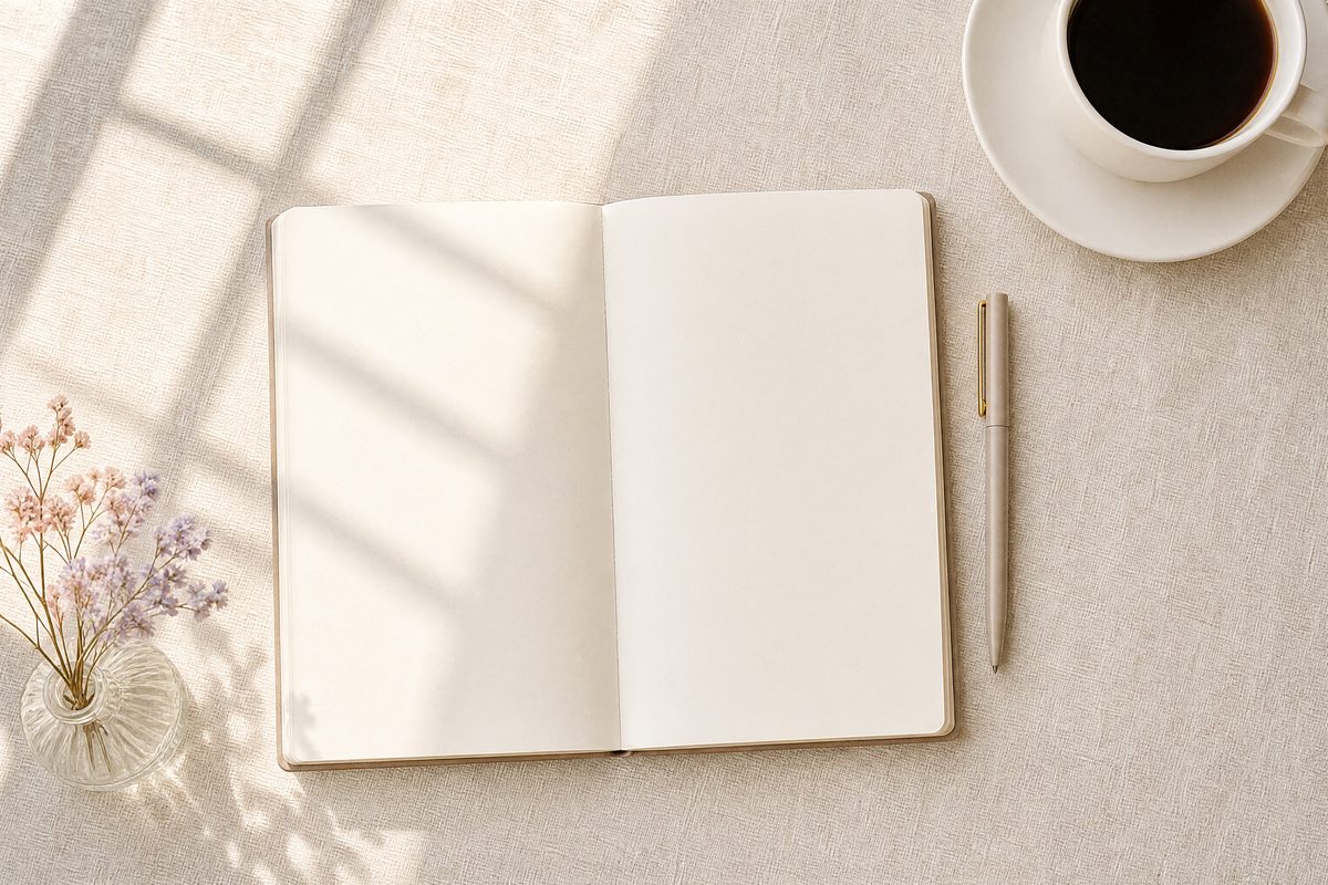 A blank notebook, a pen and a cup of coffee on a sunlit linen cloth with dried flowers