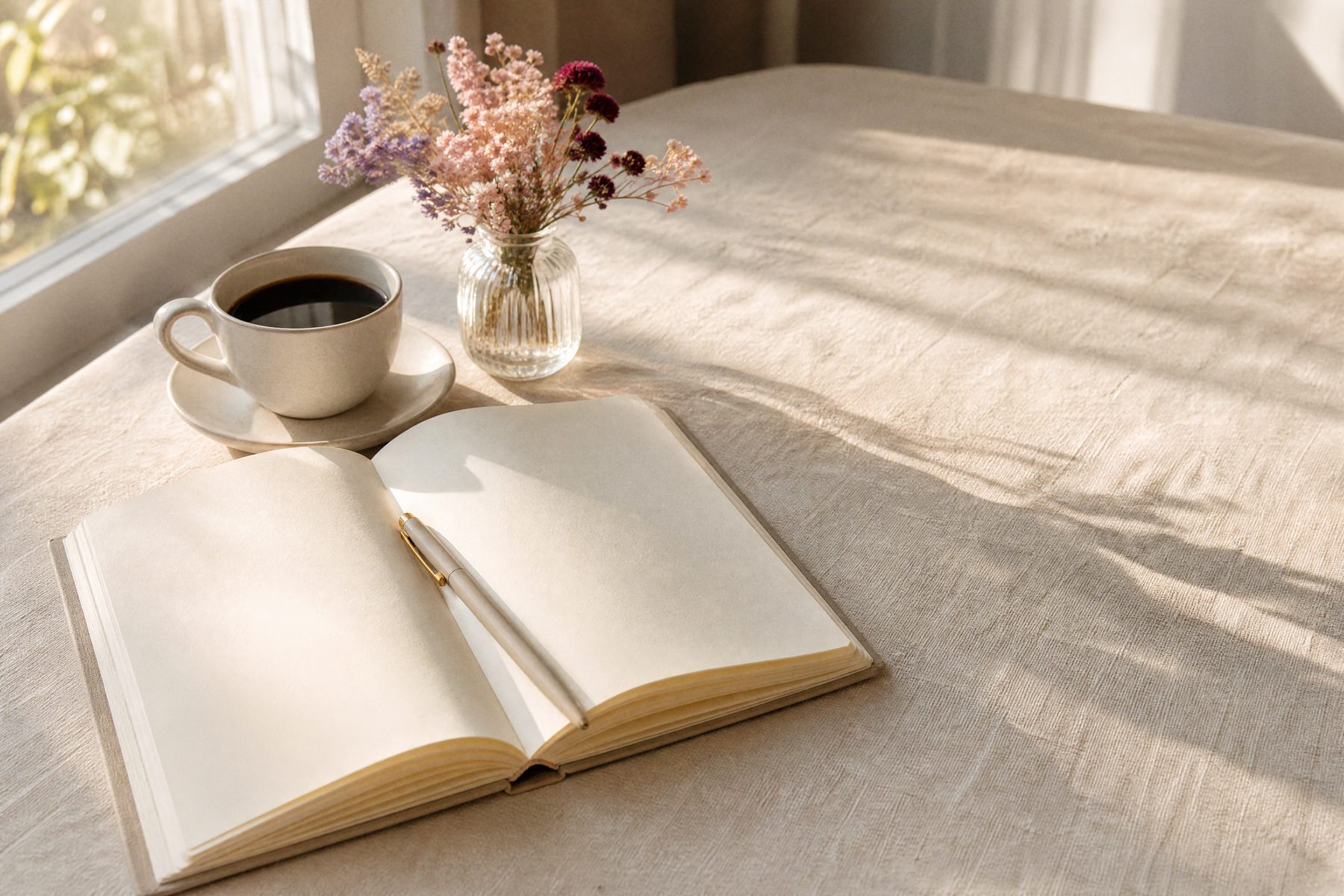 An open notebook, a pen and a cup of coffee on a linen tablecloth in morning sunlight
