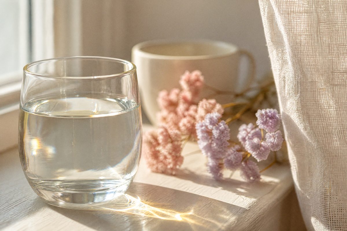 A glass of water, a cup of coffee and dried flowers on a bright windowsill