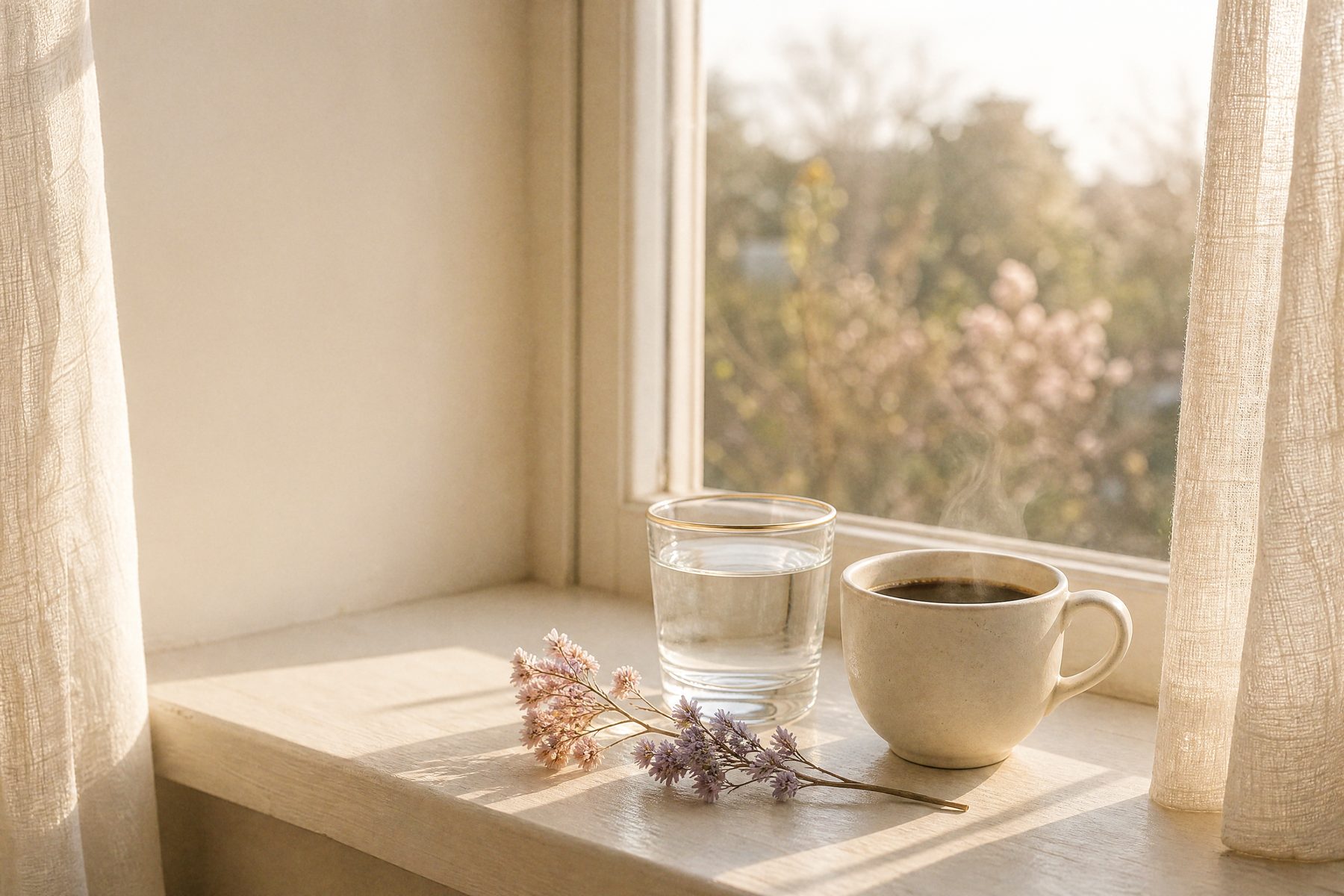 A glass of water and a cup of coffee on a sunlit windowsill with sheer linen curtains
