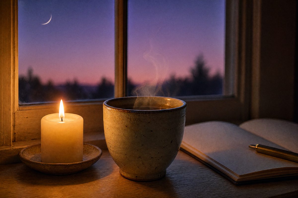 A candle and a steaming cup beside an open journal at a window under a crescent moon