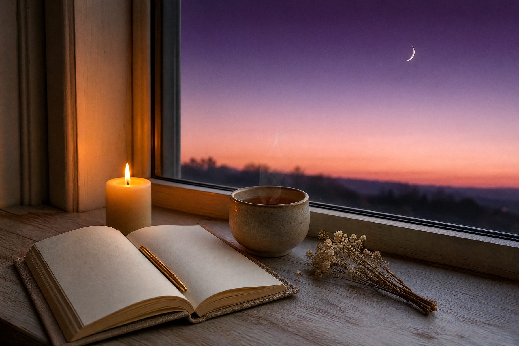 An open journal, a lit candle and a cup of tea on a windowsill at dusk, with a thin crescent moon in the sky