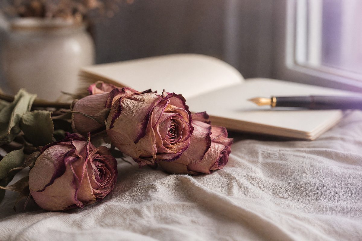 Dried roses beside an open notebook and a fountain pen on soft linen
