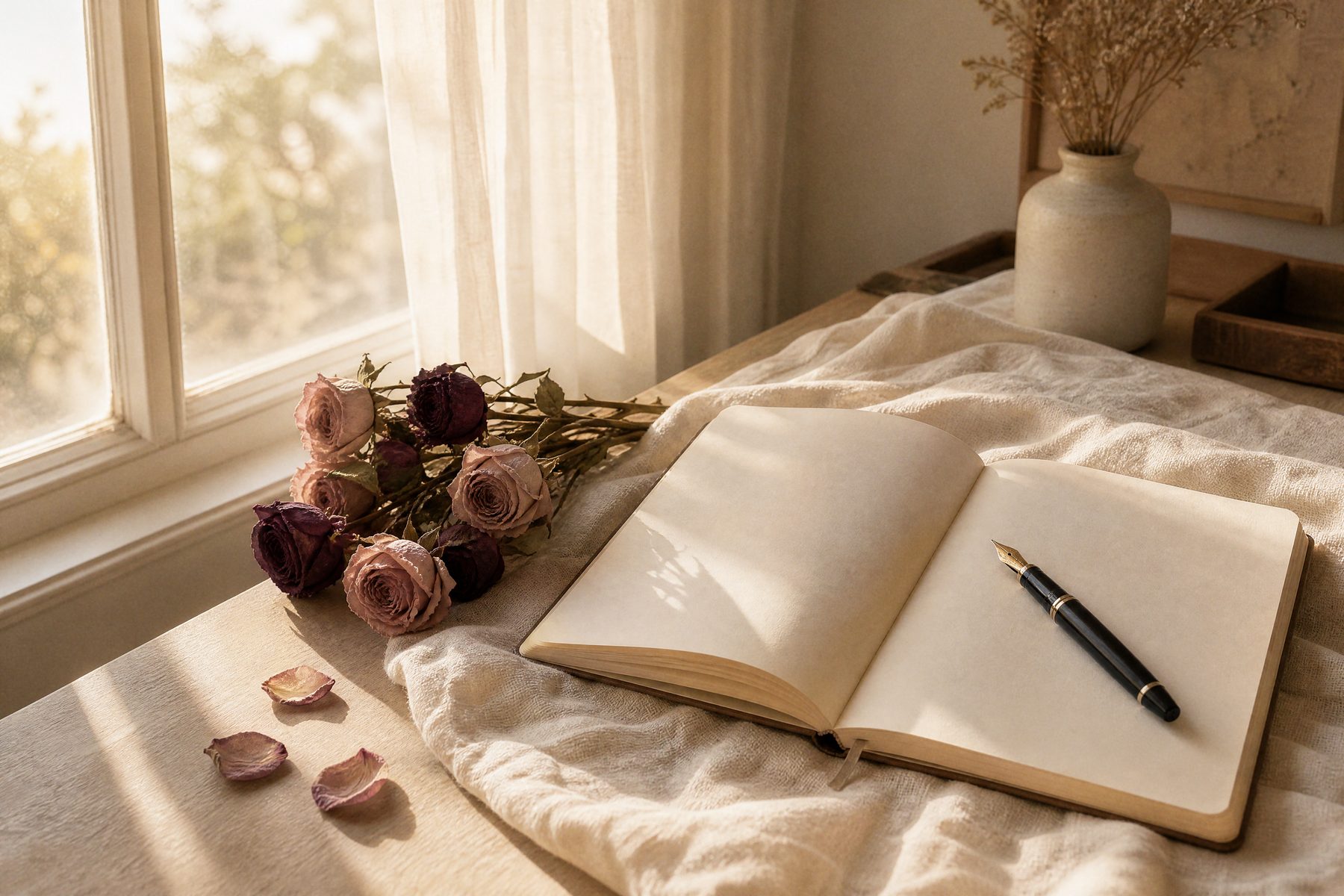 An open notebook and a fountain pen beside dried roses on a linen-covered desk by a sunny window