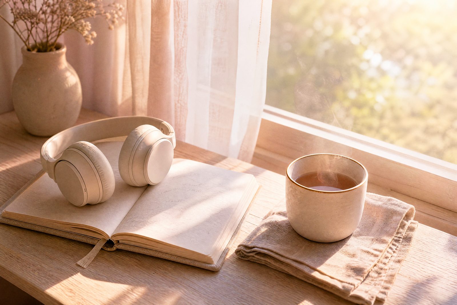 Headphones on a journal by a sunny window