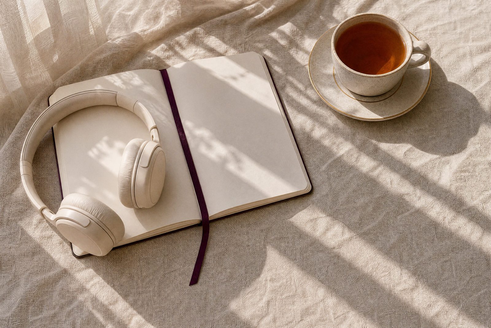Headphones resting on an open journal beside a cup of tea in morning light