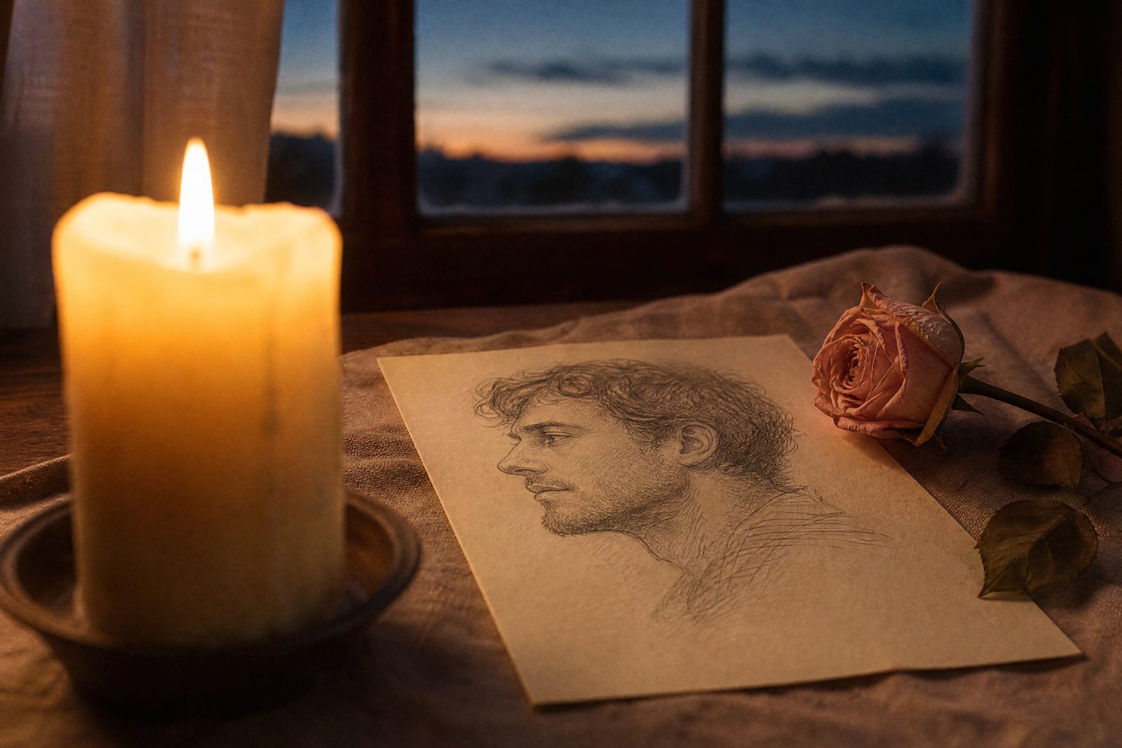 A pencil portrait beside a candle at dusk