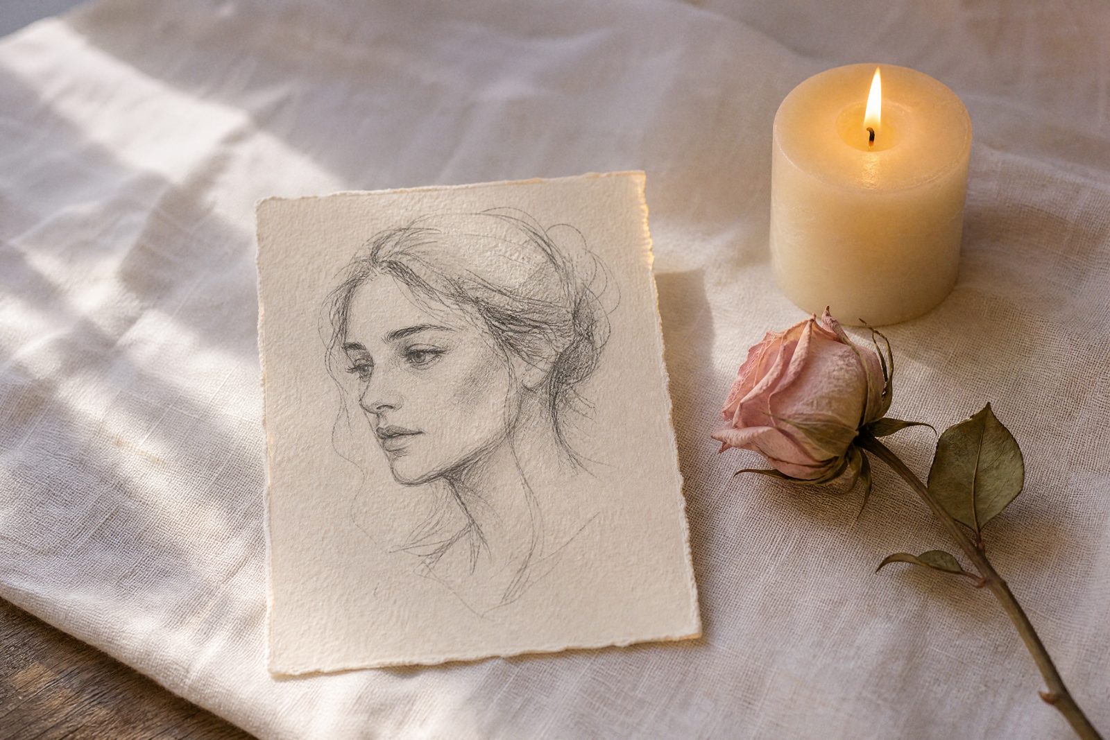 A pencil sketch of a face on cream paper beside a candle and a dried rose